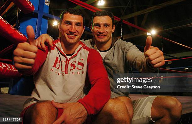 Wladimir Klitschko and Vitali Klitschko. During The Klitschko Brothers Vitali and Wladimir Open Workout at La Brea Boxing gym in Los Angeles,...