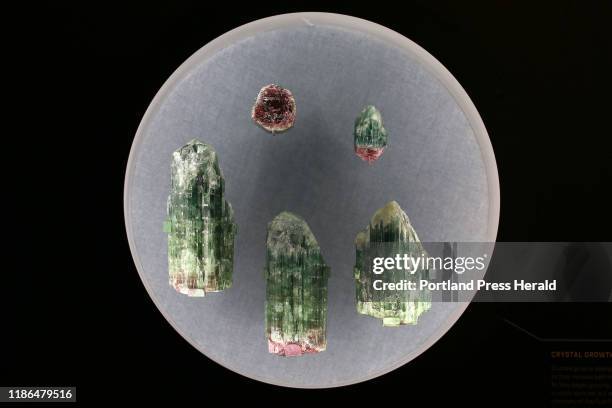 Selection of tourmaline crystals on display at Maine Mineral and Gem Museum.