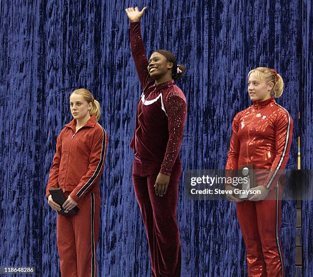 Ashley Miles of Alabama First Place, Annabeth Eberle of Utah second place and Natalie Foley of Stanford third place, winners in the Vault at the 2004...