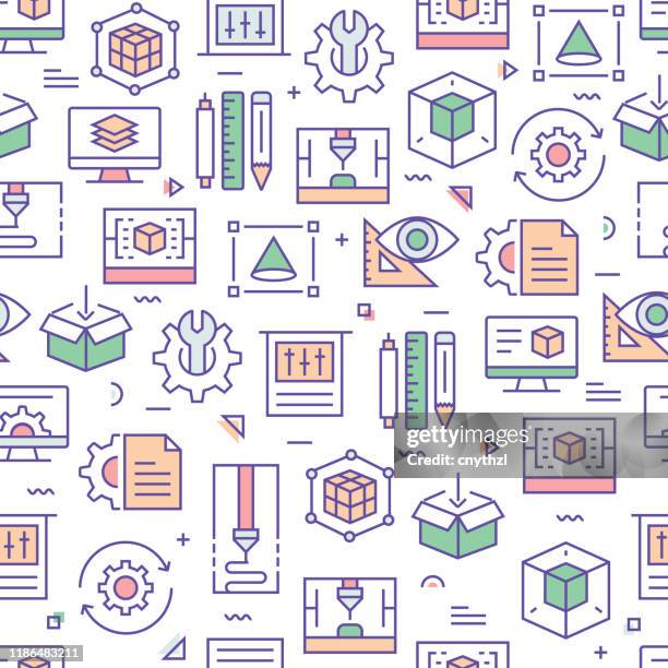 vector set of design templates and elements for 3d printing and modeling in trendy linear style - seamless patterns with linear icons related to 3d printing and modeling - vector - cad computer stock illustrations