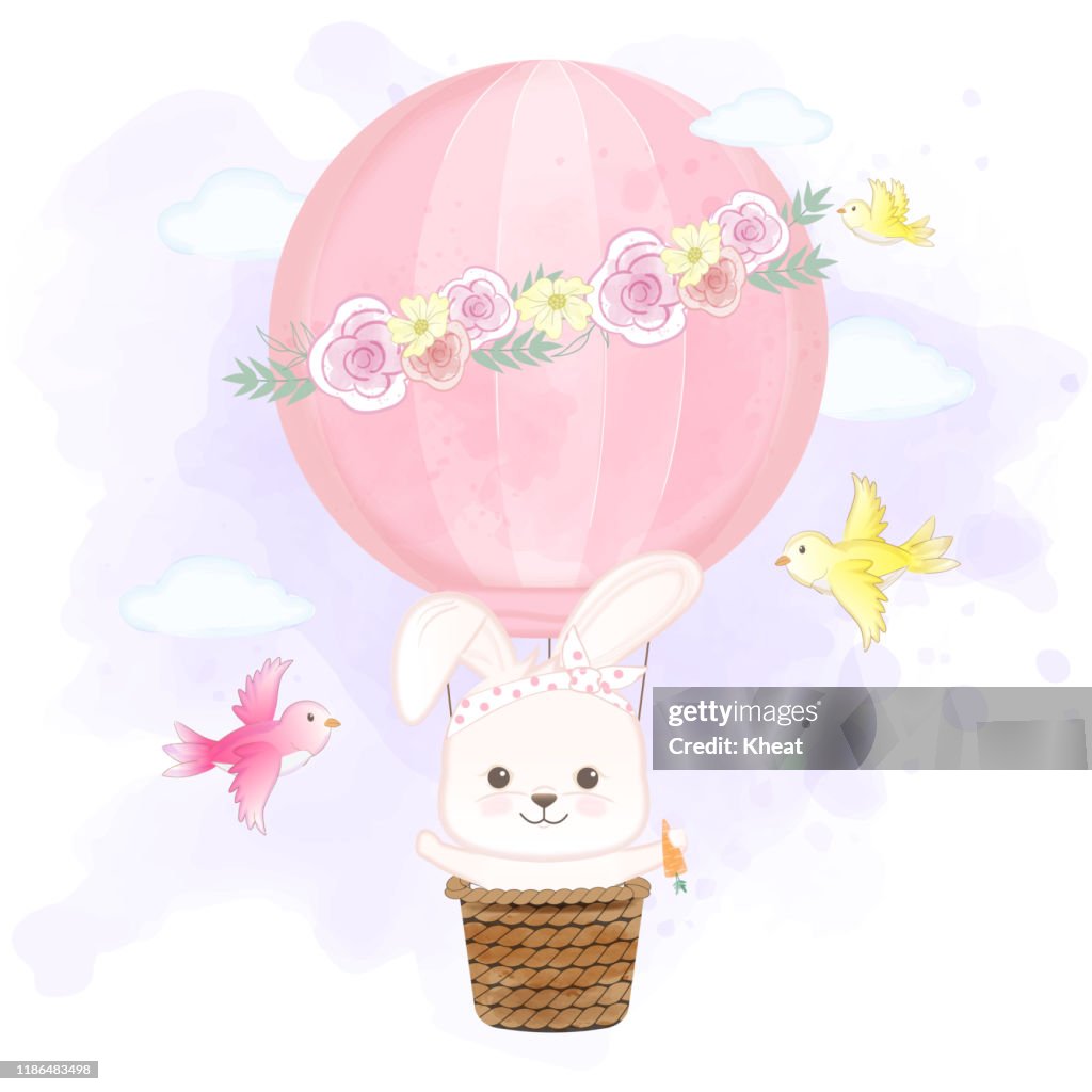 Floating Balloons Rabbit Cute Rabbit Floating On Hot Air Balloon And Birds Hand Drawn Cartoon ...