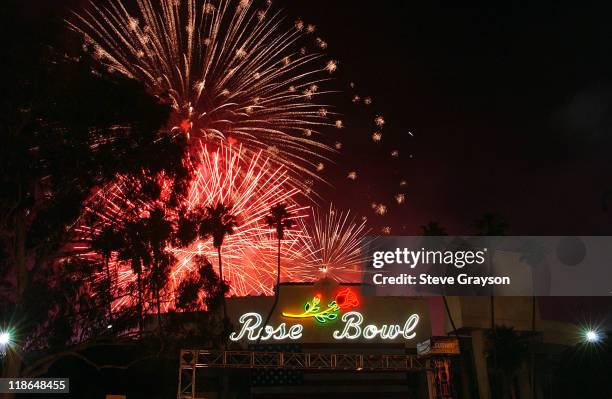 Fireworks explode over the Rose Bowl during 4th of July Taste of America.