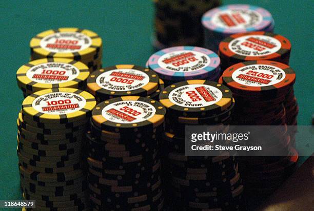 Stack of chips sit on the betting table during day six of the 2004 World Series of Poker at Binion's Horseshoe Club and Casino in Las Vegas, Nevada...