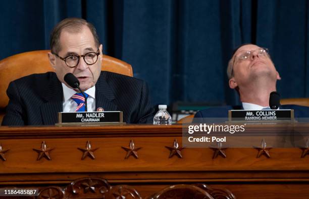 Chairman Jerrold Nadler talks while ranking member Doug Collins listens during testimony by constitutional scholars before the House Judiciary...