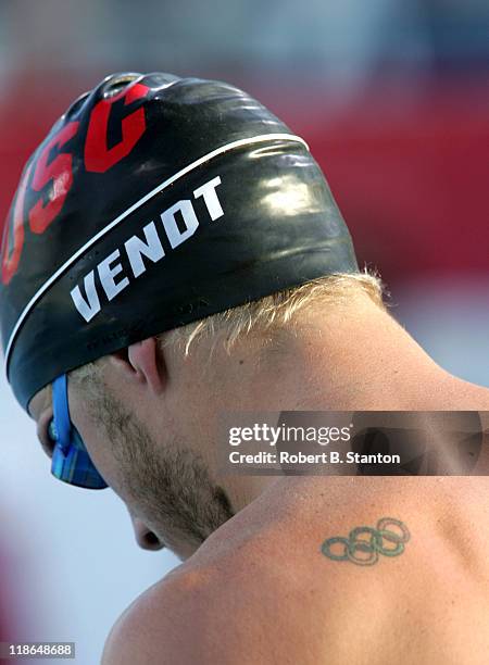 Erik Vendt before the start of the mens 400 IM, where he would win in 4:16.50 at the Janet Evans Invitational in Long Beach, California June 12, 2004.