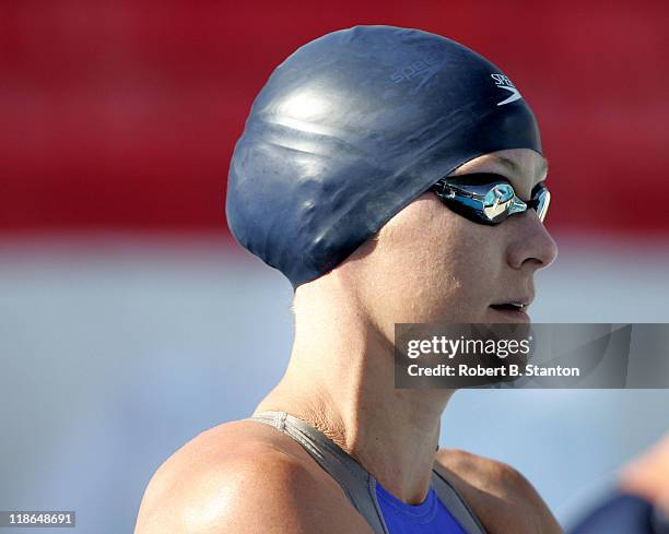 Jenny Thompson at starting blocks of the womens 100-meter fly at the Janet Evans Invitational in Long Beach, California June 13, 2004. Jenny placed...