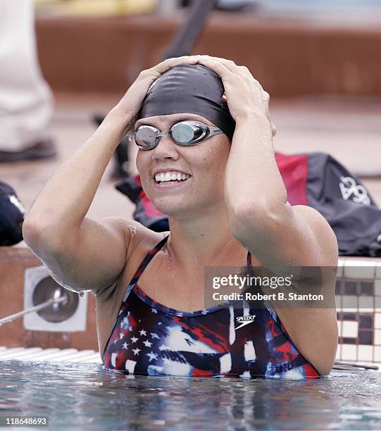 Natalie Coughlin checks her time at the U.S. Olympic Swimming Team Media Opportunity Day at Avery Aquatic Center at Stanford University, July 24,...