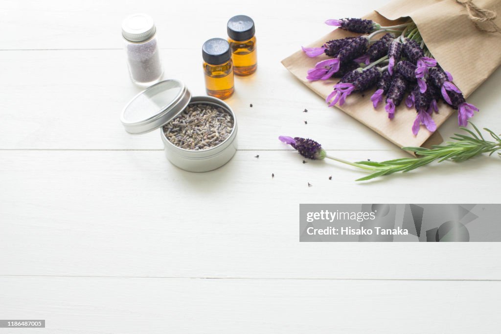Bundle of lavender flowers wrapped in paper,dry lavender and oil