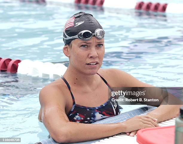 Natalie Coughlin waits in the pool at the U.S. Olympic Swimming Team Media Opportunity Day at Avery Aquatic Center at Stanford University, July 24,...