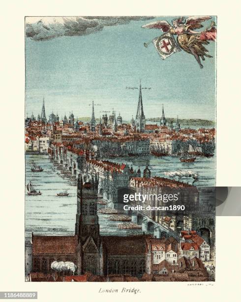 illustrazioni stock, clip art, cartoni animati e icone di tendenza di london bridge, xvii secolo, con case costruite su di esso - torre con guglia