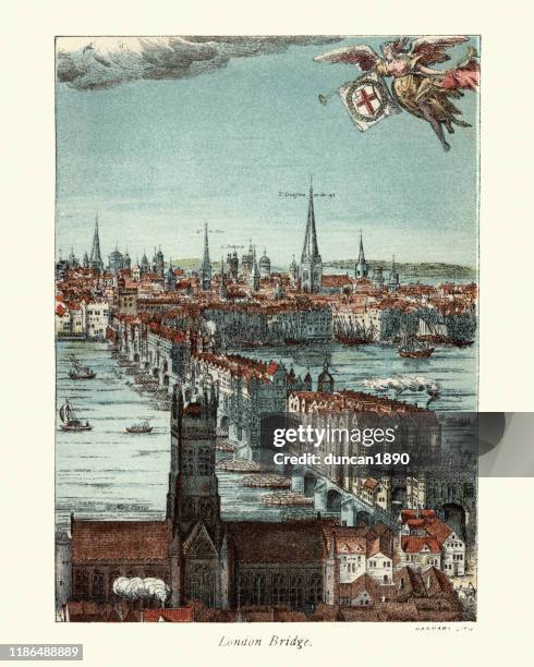 london bridge, 17th century, with houses built on it - spire stock illustrations