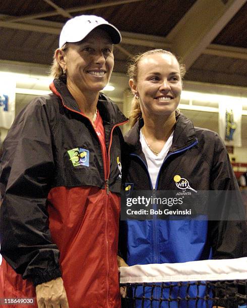 Martina Navratilova and Martina Hingis before the World Team Tennis match between the Boston Lobsters and New York Sportimes at the Harvard's Bright...