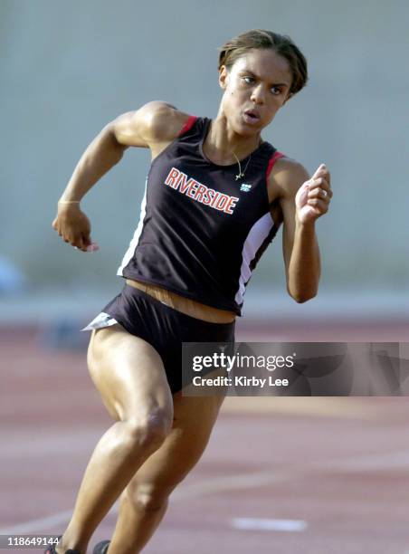 Terica Ned of Riverside Community College wins the women's 200 meters in 24.10 seconds in the Southern California Junior College track and field...