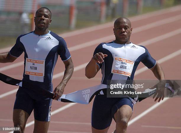 Maurice Greene defeats Darvis Patton to win the men's 100 meters, wind-aided 9.86 to 9.96 seconds, in the Home Depot Track & Field Invitational at...