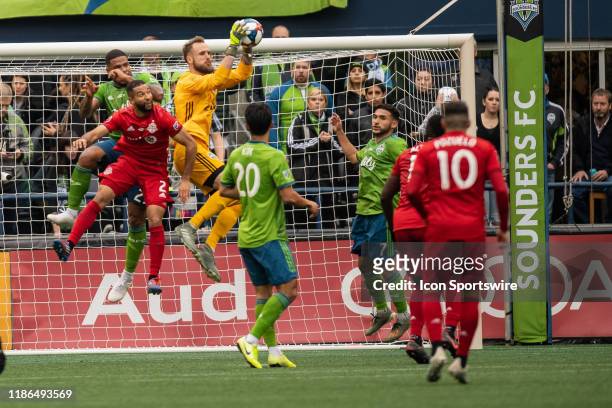 Seattle Sounders goalkeeper Stefan Frei blocks a shot during the Major League Soccer Cup Final between the Toronto FC and the Seattle Sounders on...