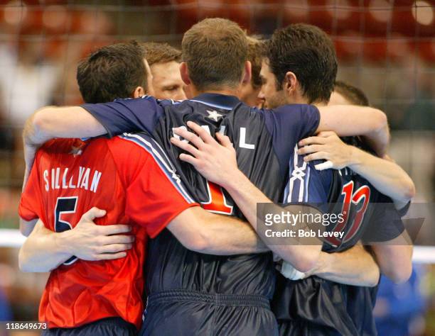 Men's National Volleyball team take on the Russian team at Reliant Arena in a set of exhibition matches on June 25, 2004 in Houston, Texas.