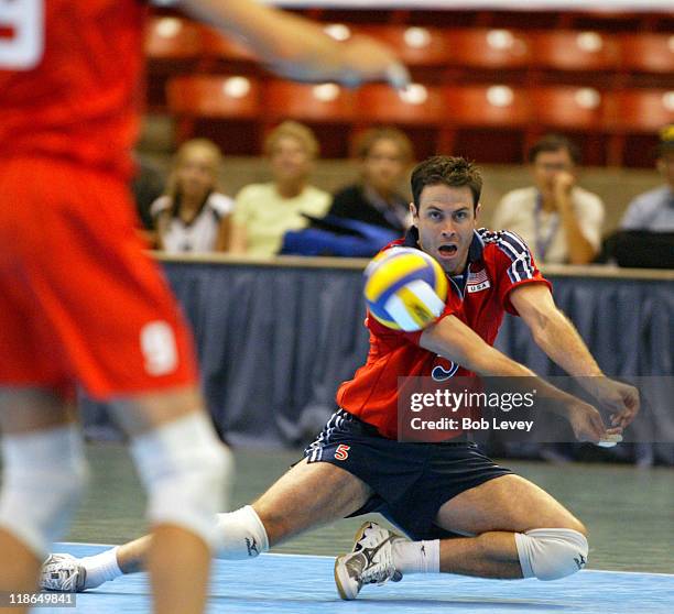 Men's National Volleyball team take on the Russian team at Reliant Arena in a set of exhibition matches on June 25, 2004 in Houston, Texas.