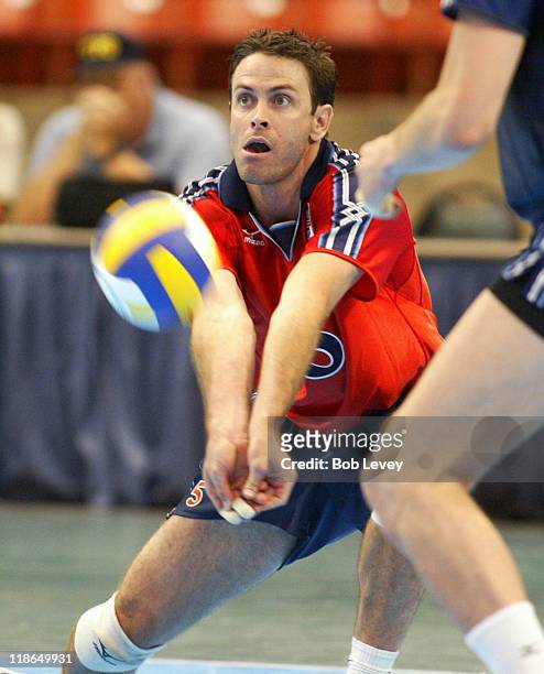 Men's National Volleyball team take on the Russian team at Reliant Arena in a set of exhibition matches on June 25, 2004 in Houston, Texas.