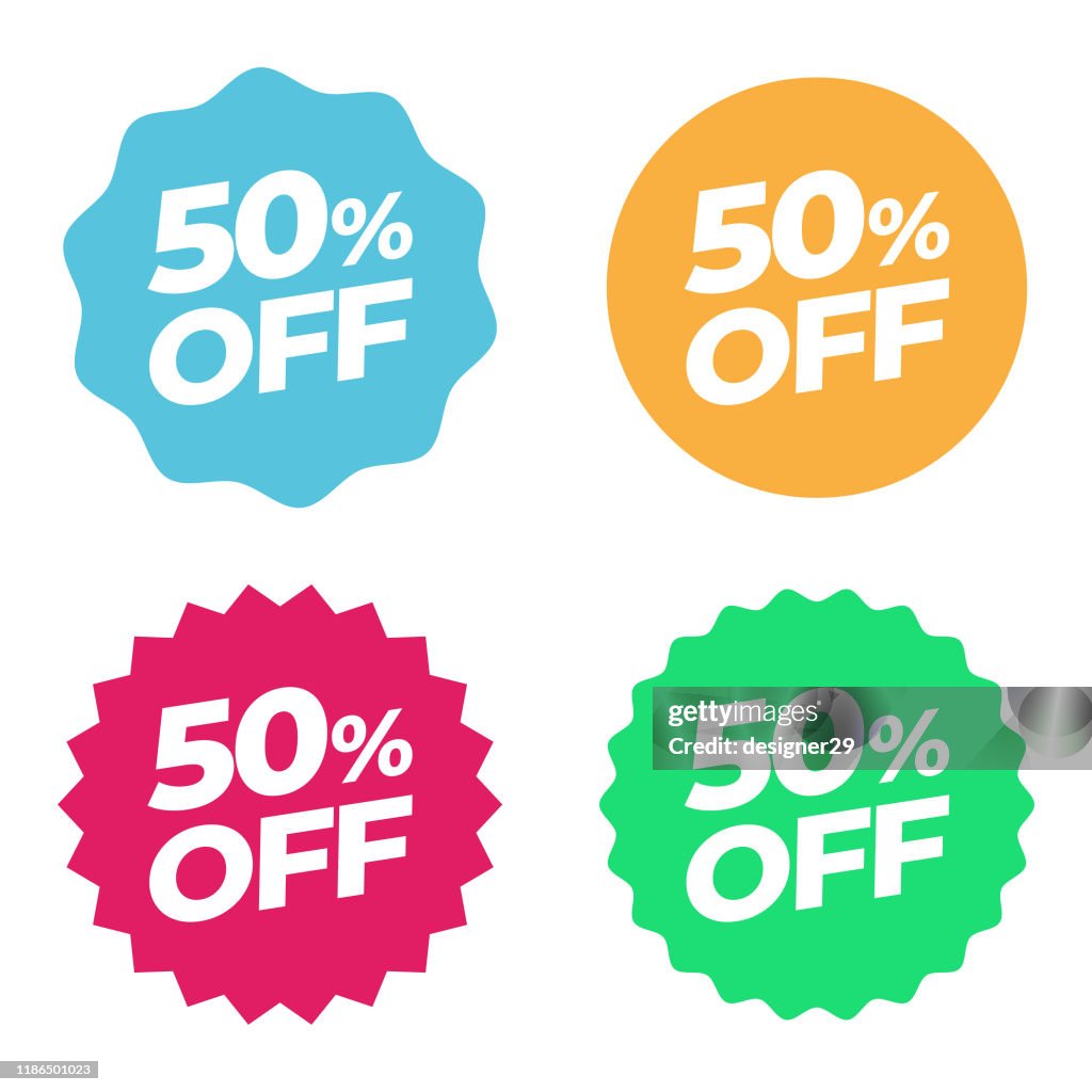 Etiqueta de venta de oferta especial. Descuento 50% Oferta Precio Etiqueta Multicolor y Diseño Plano