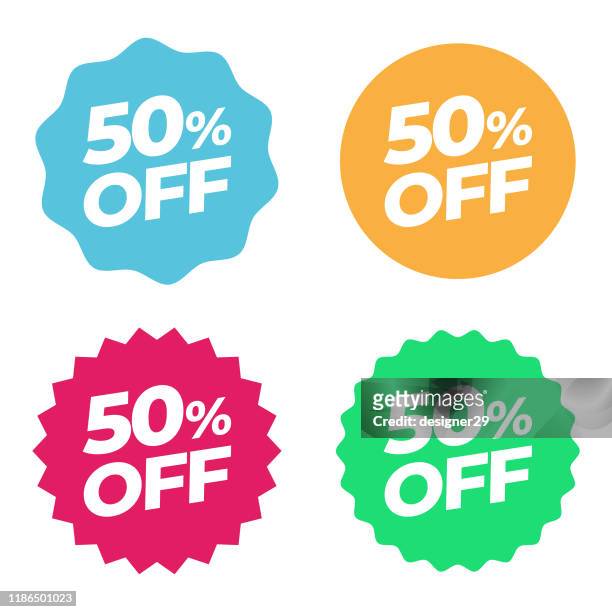 special offer sale tag. discount 50% offer price multicolor label and flat design - badge stock illustrations