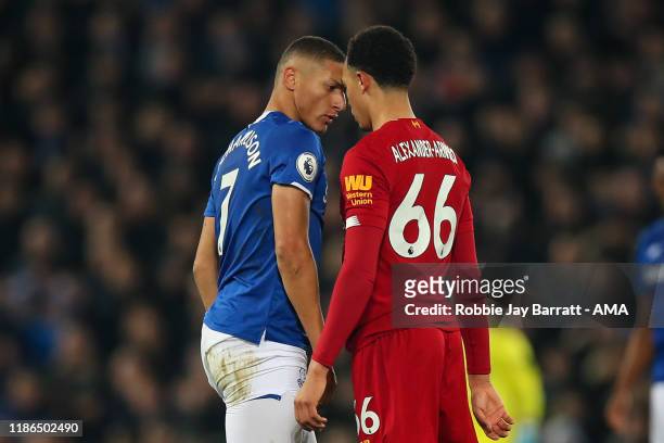 Richarlison of Everton and Trent Alexander-Arnold of Liverpool square up to each other during the Premier League match between Liverpool FC and...