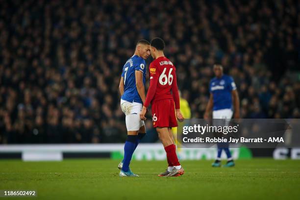 Richarlison of Everton and Trent Alexander-Arnold of Liverpool square up to each other during the Premier League match between Liverpool FC and...