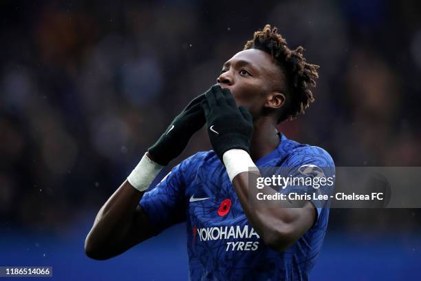 Tammy Abraham of Chelsea celebrates after scoring his team's first goal during the Premier League match between Chelsea FC and Crystal Palace at...