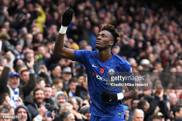 Tammy Abraham of Chelsea celebrates after scoring his team's first goal during the Premier League match between Chelsea FC and Crystal Palace at...