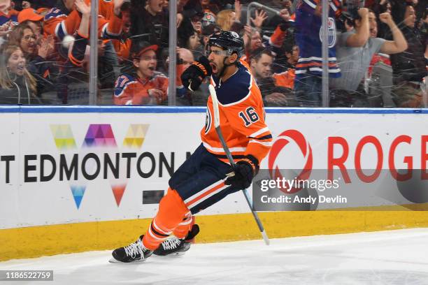 Jujhar Khaira of the Edmonton Oilers celebrates after scoring a goal during the game against the Ottawa Senators on December 4 at Rogers Place in...