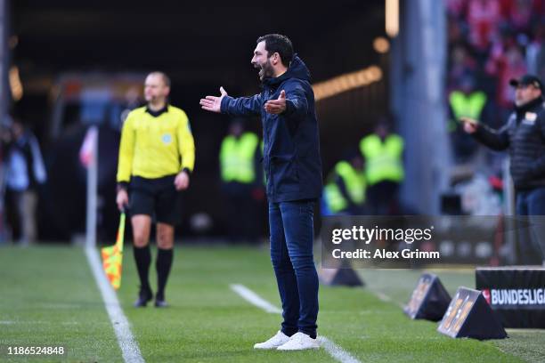 Sandro Schwarz, Head Coach of 1. FSV Mainz 05 gestures from the sidelines during the Bundesliga match between 1. FSV Mainz 05 and 1. FC Union Berlin...