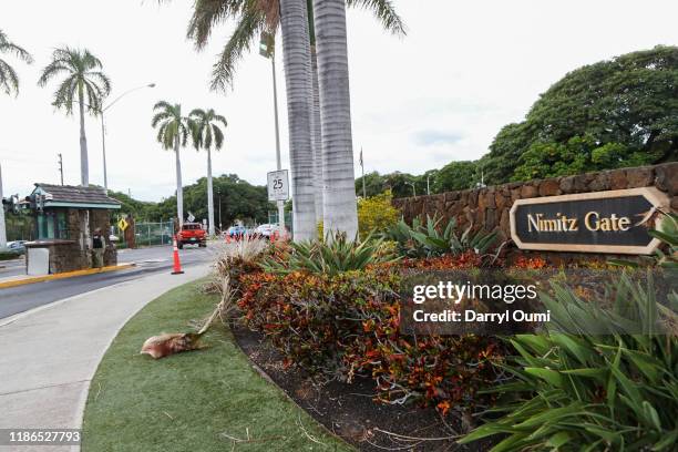 The view of the Nimitz Gate entrance to Joint Base Pearl Harbor-Hickam on December 4, 2019 in Honolulu, United States. Early reports say a man in a...
