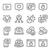 Social Network icons set vector illustration. Contains such icon as Thumb up, Like, Share, Love emoticon and more. Expanded Stroke
