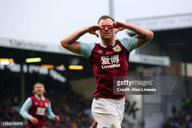 Ashley Barnes of Burnley celebrates after scoring his team's first goal during the Premier League match between Burnley FC and West Ham United at...