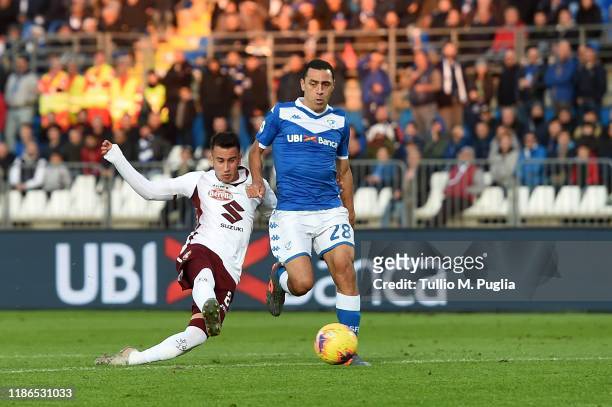 Alejandro Berenguer of Torino scores his team's fourth goal during the Serie A match between Brescia Calcio and Torino FC at Stadio Mario Rigamonti...