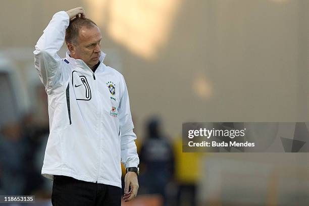 Coach Mano Menezes of Brazil during a match as part of Group B of Copa America 2011 at the Mario Kempes Stadium on July 09, 2011 in Cordoba,...