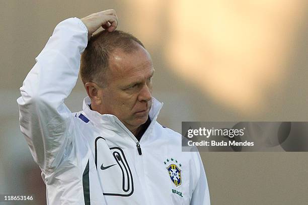 Coach Mano Menezes of Brazil during a match as part of Group B of Copa America 2011 at the Mario Kempes Stadium on July 09, 2011 in Cordoba,...