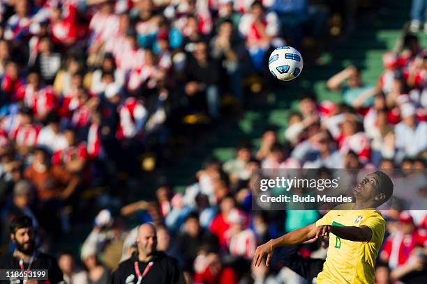 Andre Santos of Brazil in action during a match as part of Group B of Copa America 2011 at the Mario Kempes Stadium on July 09, 2011 in Cordoba,...