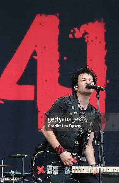 Deryck Whibley of Sum 41 performs live on stage during the second day of the Sonisphere Rock Festival at Knebworth House on July 9, 2011 in...