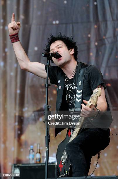 Deryck Whibley of Sum 41 performs live on stage during the second day of the Sonisphere Rock Festival at Knebworth House on July 9, 2011 in...