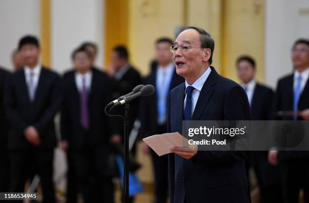 Chinese Vice President Wang Qishan speaks to representatives of the Sino-Russian Friendship Committee for Peace and Development at the Great Hall of...