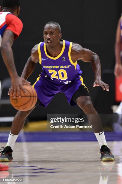 Andre Ingram of the South Bay Lakers defends during a game against the Grand Rapids Drive on December 04, 2019 at UCLA Heath Training Center in El...