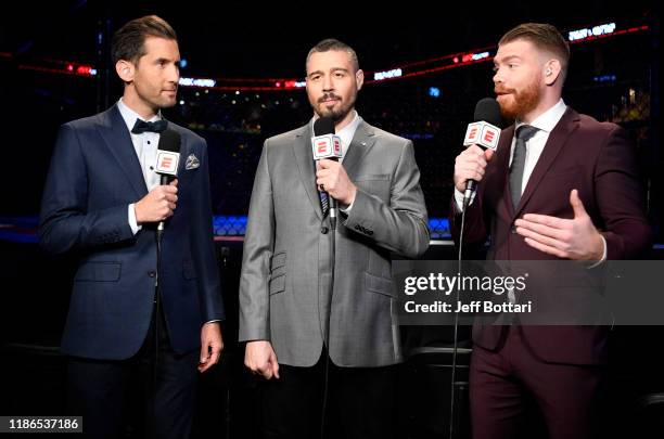 John Gooden, Dan Hardy, and Paul Felder anchor the broadcast during the UFC Fight Night event at CSKA Arena on November 09, 2019 in Moscow, Russia.