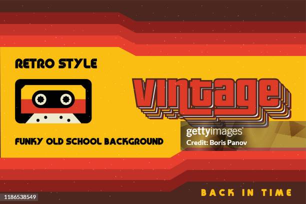 stockillustraties, clipart, cartoons en iconen met funky vintage banner met retro lijnen en een cassette tape - funky