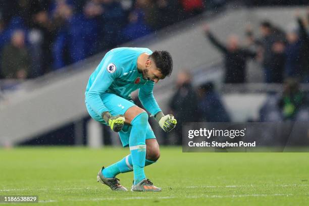 Paulo Gazzaniga of Tottenham Hotspur celebrates his team's first goal during the Premier League match between Tottenham Hotspur and Sheffield United...