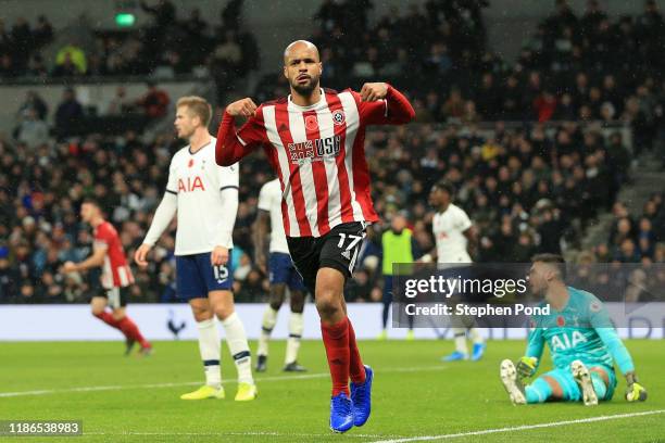 David McGoldrick of Sheffield United celebrates a goal which is then disallowed following a VAR check during the Premier League match between...