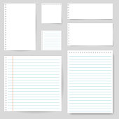 Set of paper blank with line for note, mail, shcool. Torn sheet of paper page. Square and lined paper for notice, write memo, text. Empty ripped notepaper on isolated background. vector