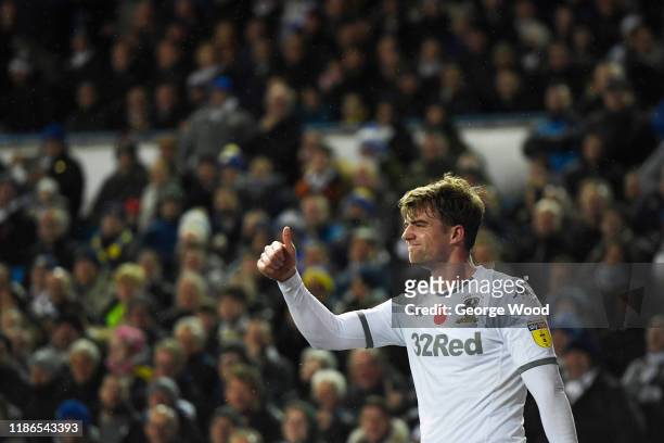 Patrick Bamford of Leeds United reacts during the Sky Bet Championship match between Leeds United and Blackburn Rovers at Elland Road on November 09,...