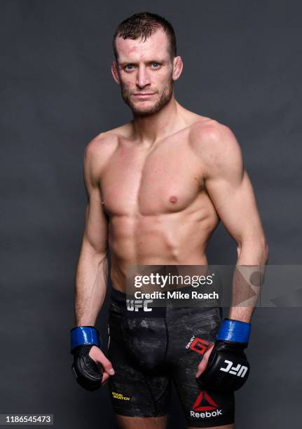 Davey Grant of England poses for a portrait backstage after his victory during the UFC Fight Night event at CSKA Arena on November 09, 2019 in...