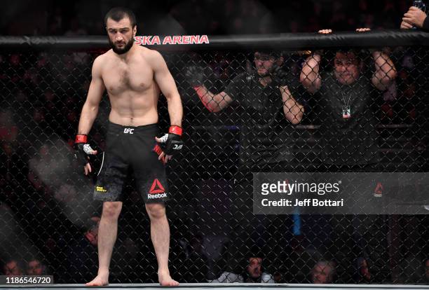 Abubakar Nurmagomedov of Russia prepares to fight David Zawada of Germany in their welterweight bout during the UFC Fight Night event at CSKA Arena...