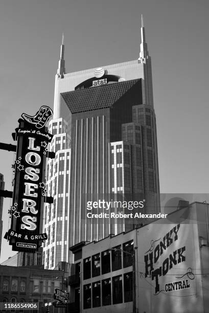 The landmark AT&T Building, sometimes called the 'Batman Building', in downtown Nashville, Tennessee, is near the city's Lower Broadway entertainment...